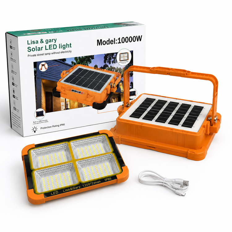 چراغ پروژکتور خورشیدی LED شارژی مدل 10000W با پنل خورشیدی، پاوربانک و پایه تاشو